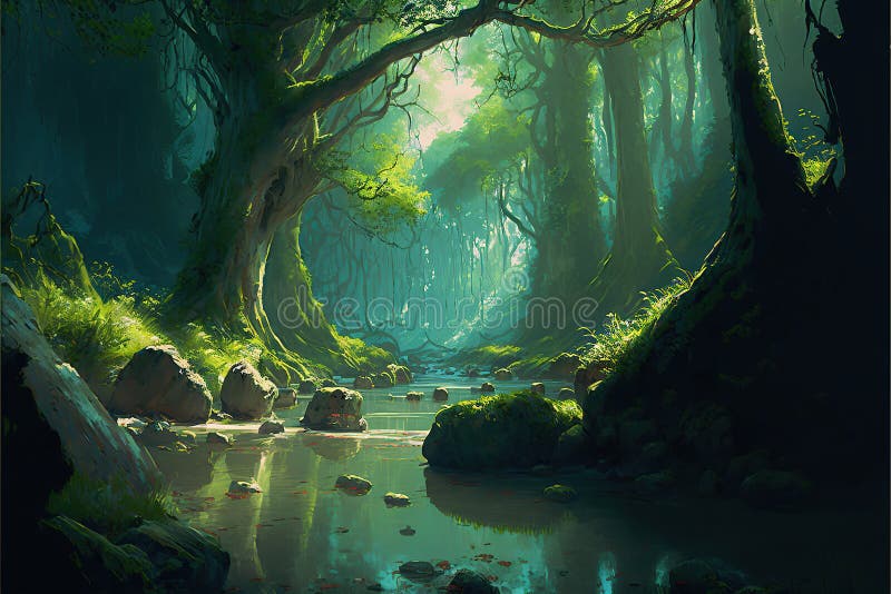 Uma bela floresta encantada de conto de fadas com grandes árvores
