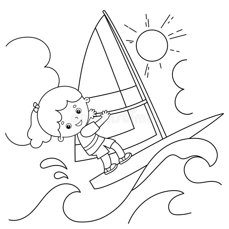 Contorno da Página de Coloração do surfista de desenho animado em ondas Navegação Livro de cores para crianças ilustração do vetor Contorno da Página de Coloração do surfista de desenho animado em ondas Navegação Livro de cores para crianças ilustração do vetor