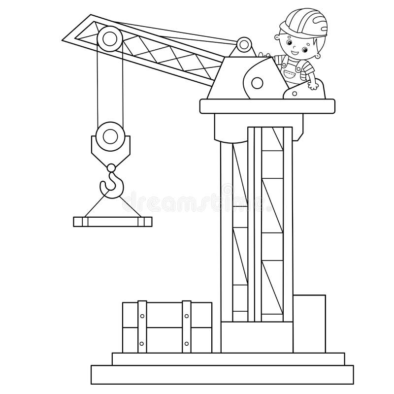 Contorno Della Pagina Di Colorazione Della Gru Di Elevazione Veicoli da costruzione Libro di colorazione per bambini illustrazione di stock