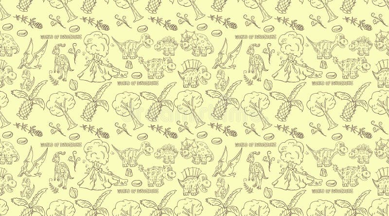 Contorno illustration_6_of sem emenda o teste padrão de dinossauros e de árvores pequenos, plantas, pedras, para o projeto ao est ilustração royalty free Contorno illustration_6_of sem emenda o teste padrão de dinossauros e de árvores pequenos, plantas, pedras, para o projeto ao est ilustração royalty free