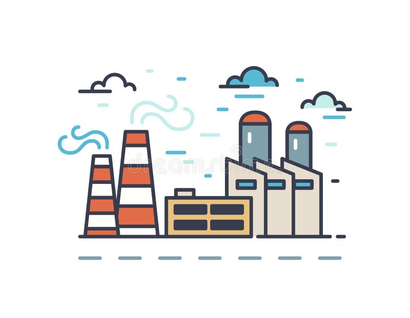 Contorno paesaggio industriale isolato su fondo bianco Scena urbana con fabbriche e piante Segno lineare a colori illustrazione vettoriale