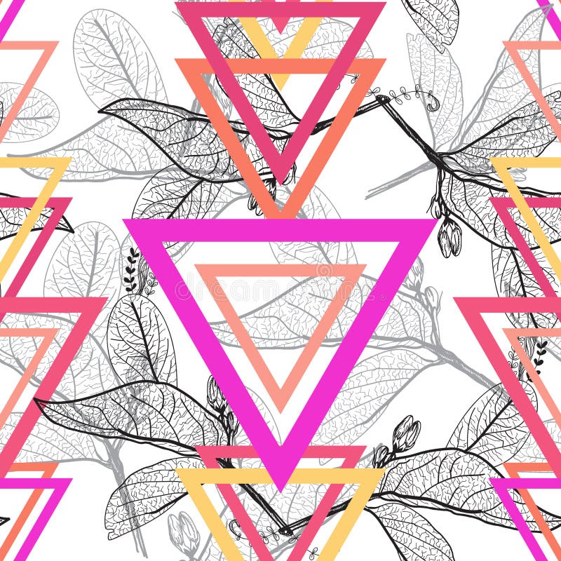 Contornos de las hojas, modelo inconsútil floral de moda moderno anaranjado rosado magenta brillante del arco iris del triángulo, ilustración del vector Contornos de las hojas, modelo inconsútil floral de moda moderno anaranjado rosado magenta brillante del arco iris del triángulo, ilustración del vector