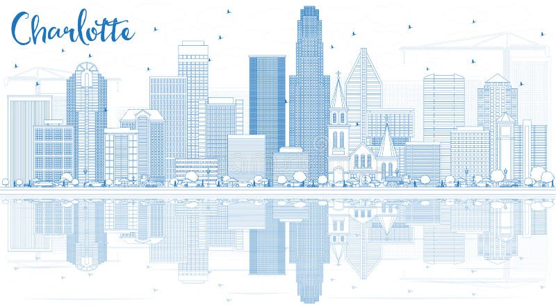Contour Charlotte Skyline avec les bâtiments bleus et les réflexions illustration de vecteur Contour Charlotte Skyline avec les bâtiments bleus et les réflexions illustration de vecteur