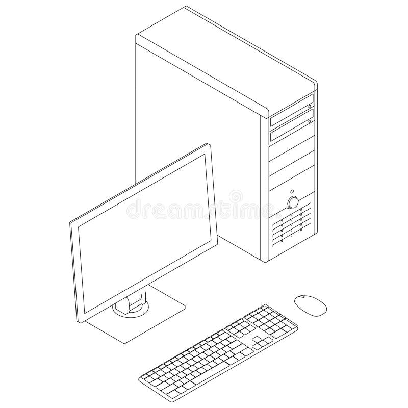 Contour of a computer with a system unit, monitor, keyboard and mouse. View isometric. Vector illustration vector illustration