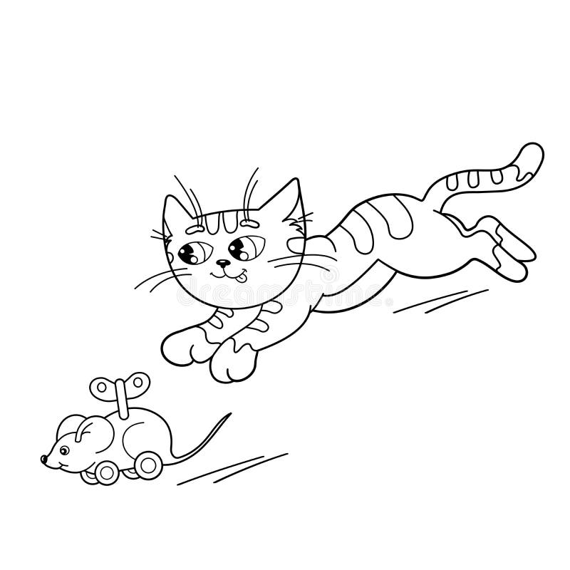 Contour De Page De Coloration De Chat De Bande Dessinee Jouant Avec La Souris De Rouages De Jouet Livre De Coloriage Pour Des Enf Illustration De Vecteur Illustration Du Pelucheux Avec