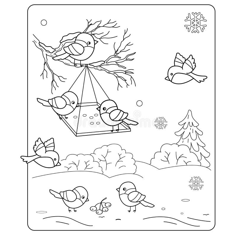 Contour de page de coloration des oiseaux de bande dessinée pendant l'hiver illustration de vecteur Contour de page de coloration des oiseaux de bande dessinée pendant l'hiver illustration de vecteur