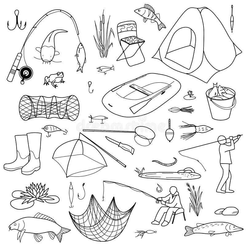 https://thumbs.dreamstime.com/b/contour-drawings-fishing-elements-set-fisherman-rod-landing-net-fish-tent-inflatable-boat-bucket-keys-bait-yater-251580225.jpg