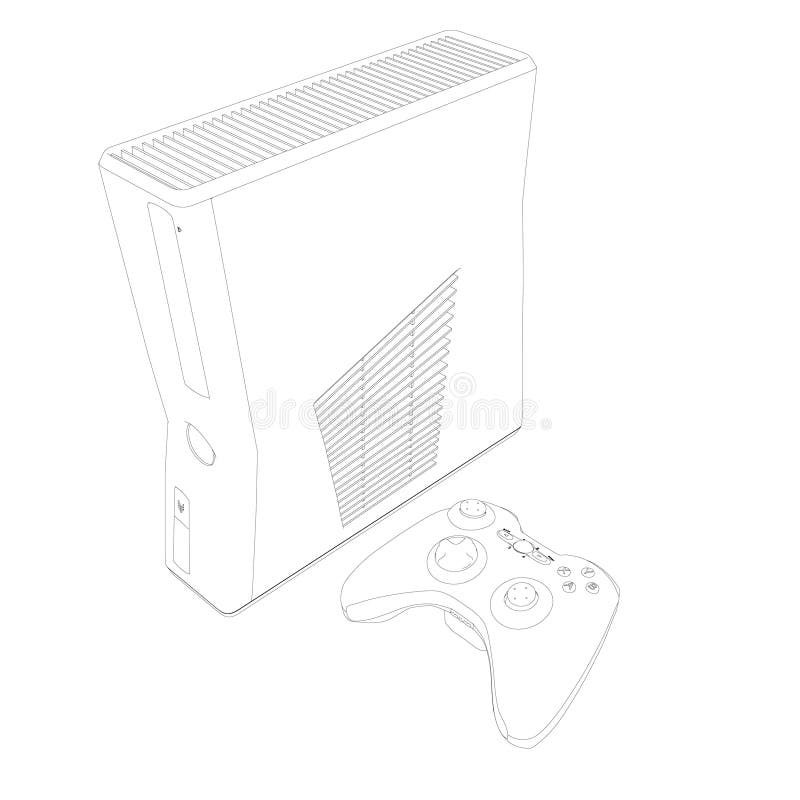 Contour of a game console with a remote control from black lines isolated on a white background. Isometric view. Vector royalty free illustration