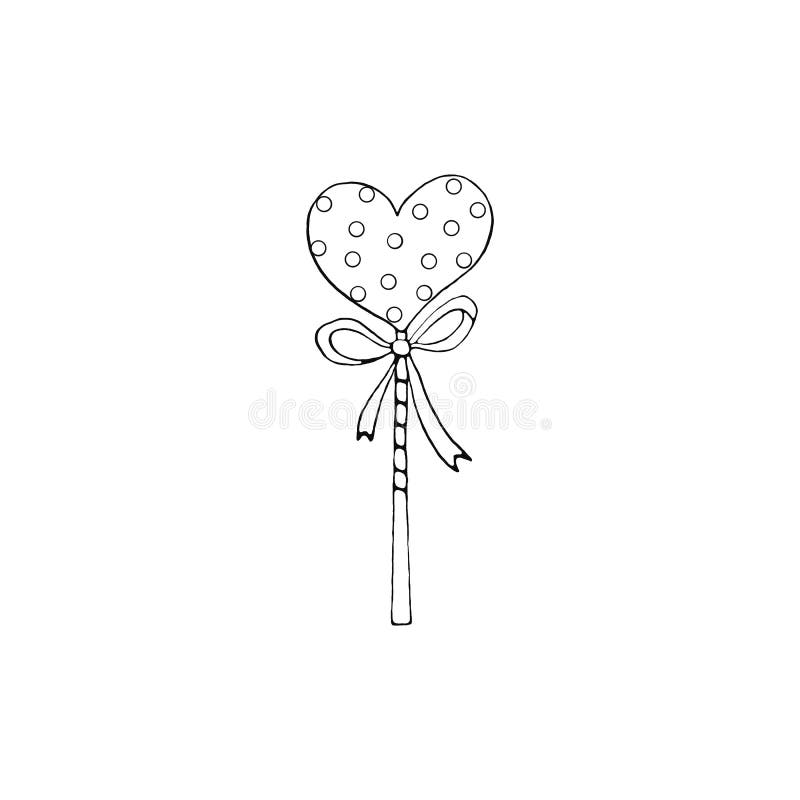 Contour Heart Shaped Lollipop Candy with ribbon. Coloring page, Valentine`s Day, Easter, holidays clip art element. Hand drawn,. Outline, black and white vector illustration