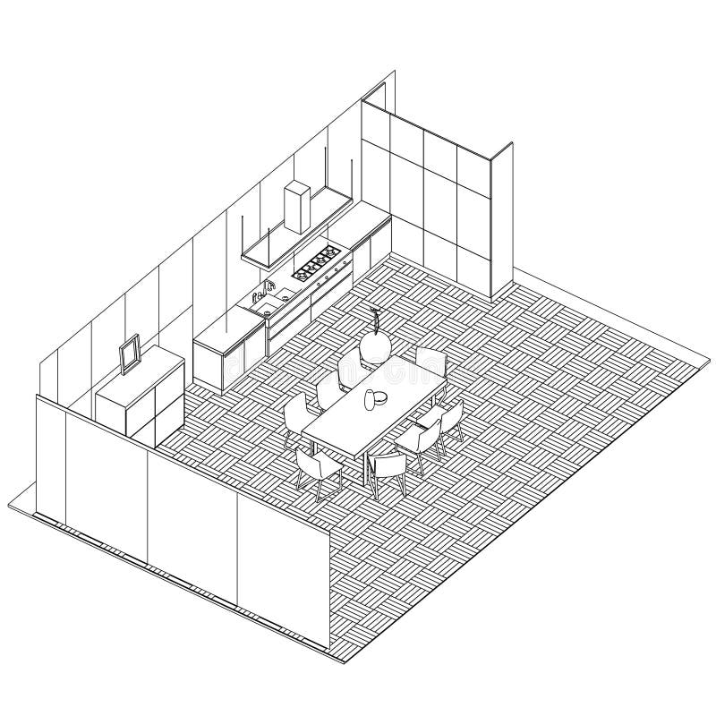 Contour of the Kitchen of Black Lines Isolated on White Background