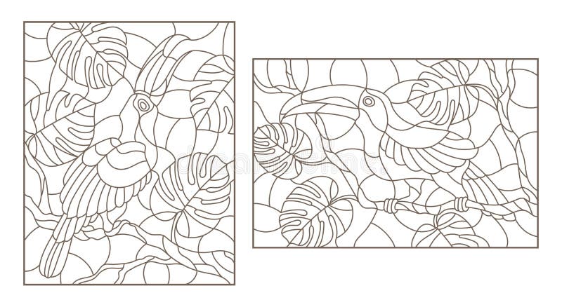 Contour met met vogelstoekannen wordt geplaatst op takken van een tropische boom, een donker overzicht op een witte achtergrond d vector illustratie Contour met met vogelstoekannen wordt geplaatst op takken van een tropische boom, een donker overzicht op een witte achtergrond d vector illustratie