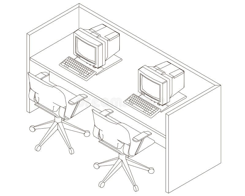 Contour office desk with old computers and armchairs. View isometric. Vector illustration royalty free illustration