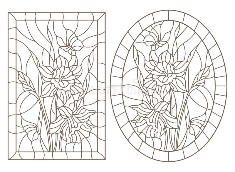 Contour set with illustrations of stained glass Windows with daffodils and butterflies flowers, round and rectangular image, dark stock illustration