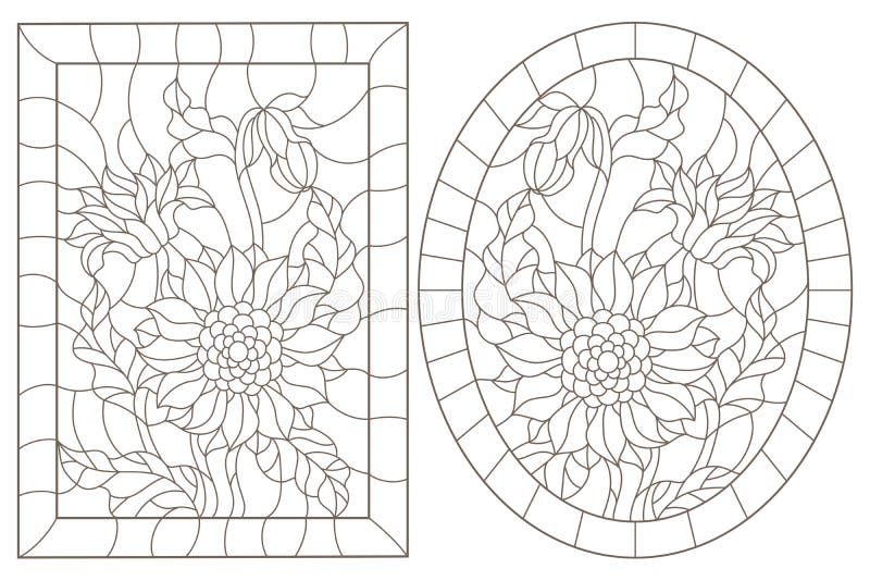 Contour set with illustrations of stained glass Windows with sunflowers in frames, dark contours on a white background, oval and