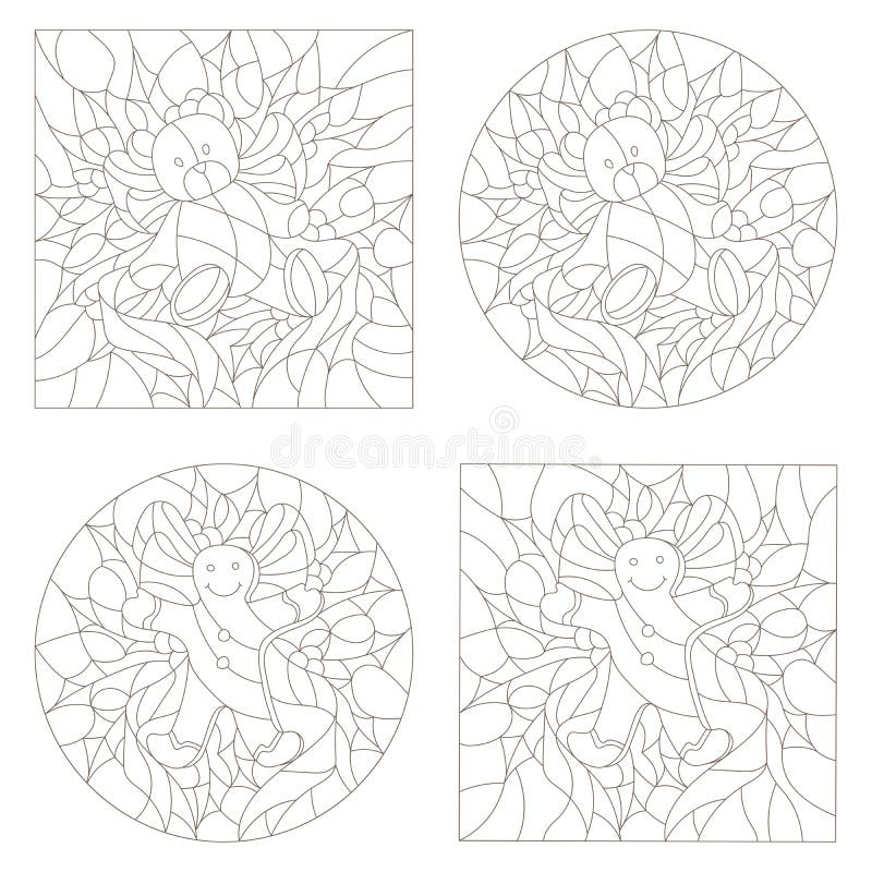 Contour set of illustrations of the stained glass Windows on the theme of new year and Christmas Teddy bears and the gingerbread stock illustration Contour set of illustrations of the stained glass Windows on the theme of new year and Christmas Teddy bears and the gingerbread stock illustration
