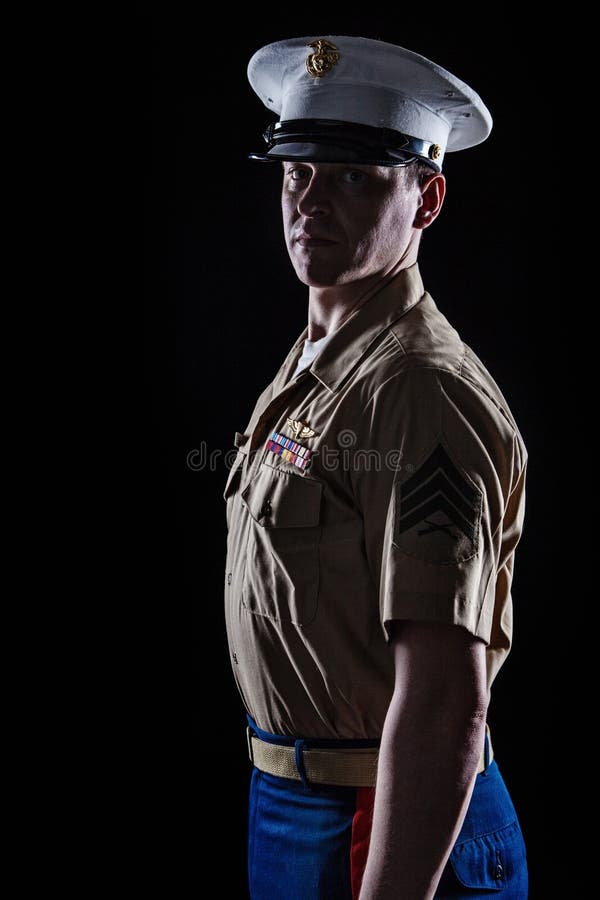 Contour shot of US marine in blue dress uniform