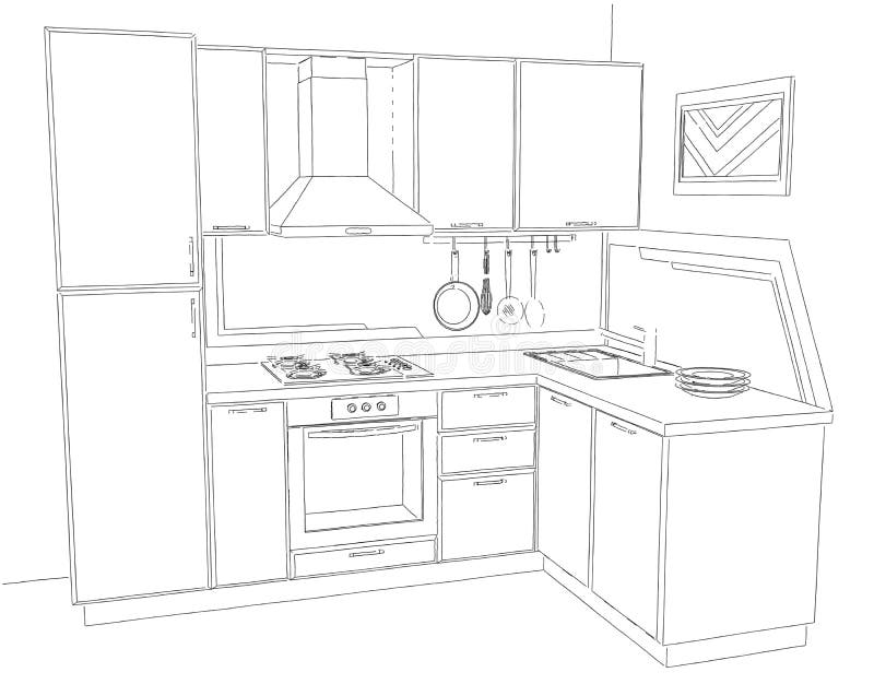 Sketch Contour Drawing of 3d Modern Corner Kitchen Interior Black and ...