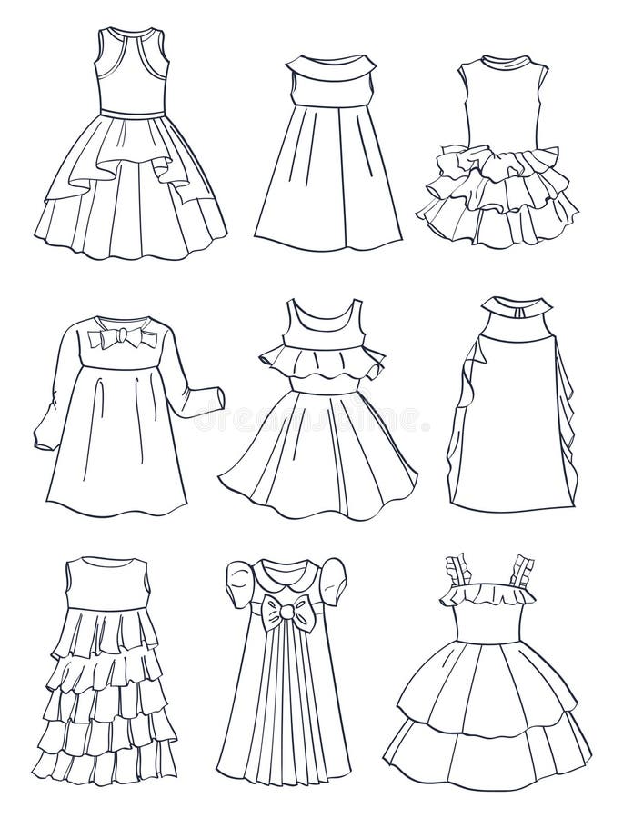 Contours of festive dresses for little girls, beautiful ruffles, curvy skirts,wonderful styles for little princesses, isolated on white background. Contours of festive dresses for little girls, beautiful ruffles, curvy skirts,wonderful styles for little princesses, isolated on white background