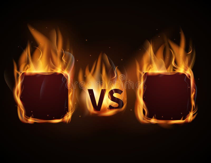 Versus screen with fire frames and vs letters. Flaming VS screen for duel and confrontation. Vector illustration. Versus screen with fire frames and vs letters. Flaming VS screen for duel and confrontation. Vector illustration