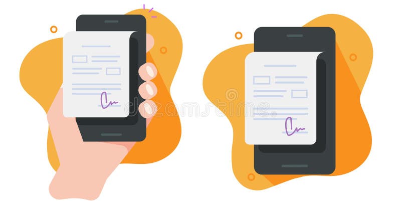 Contract signature digital document icon vector illustration set flat cartoon modern design on cell phone, person man signing royalty free illustration
