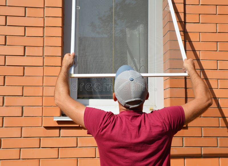 Contractor installing mosquito wire screen on house window to protect from insects. Mosquito wire screen installation