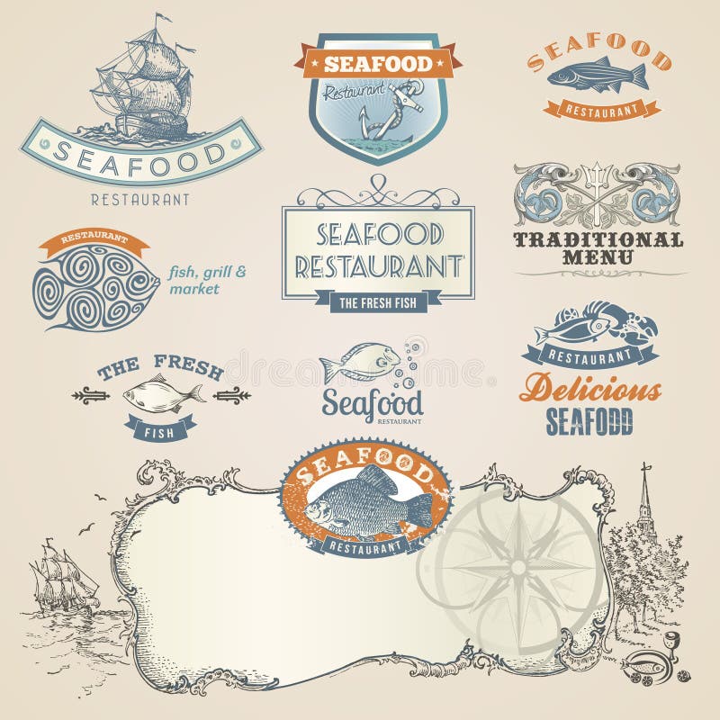Contrassegni ed elementi dei frutti di mare illustrazione di stock Contrassegni ed elementi dei frutti di mare illustrazione di stock