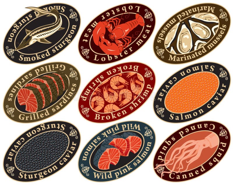 Contrassegni per frutti di mare illustrazione di stock Contrassegni per frutti di mare illustrazione di stock