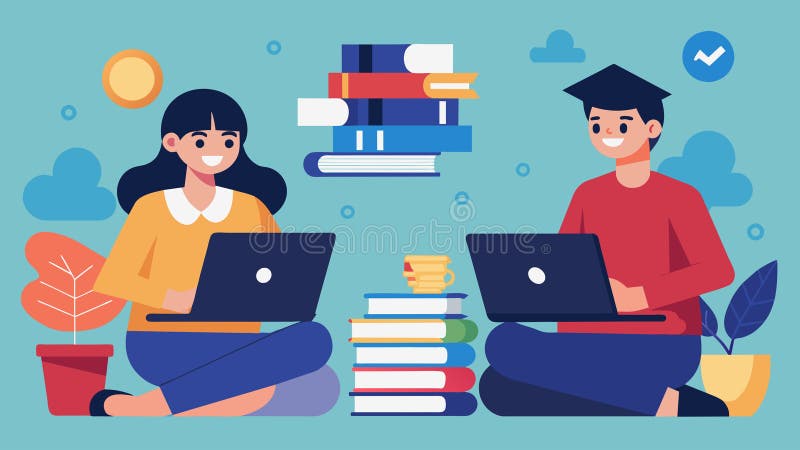 A contrast image of a student sitting with a pile of expensive textbooks and another student using a laptop representing royalty free illustration
