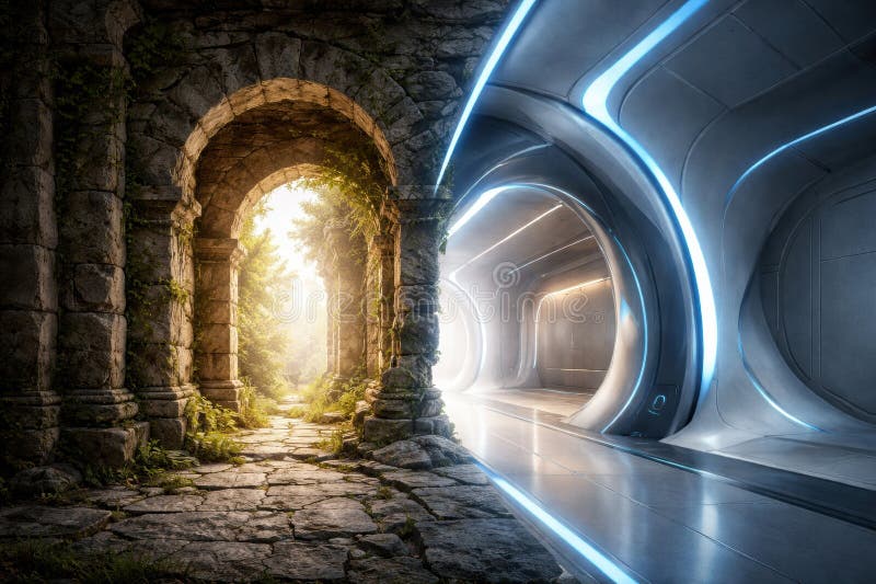 Contrast Between a Natural Stone Archway and a Futuristic Corridor With Glowing Lights Creates a Unique Visual stock photos