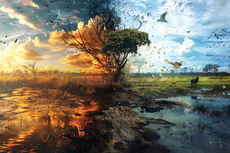 Contrasting Landscape Depicting Effects of Climate Change Illustration