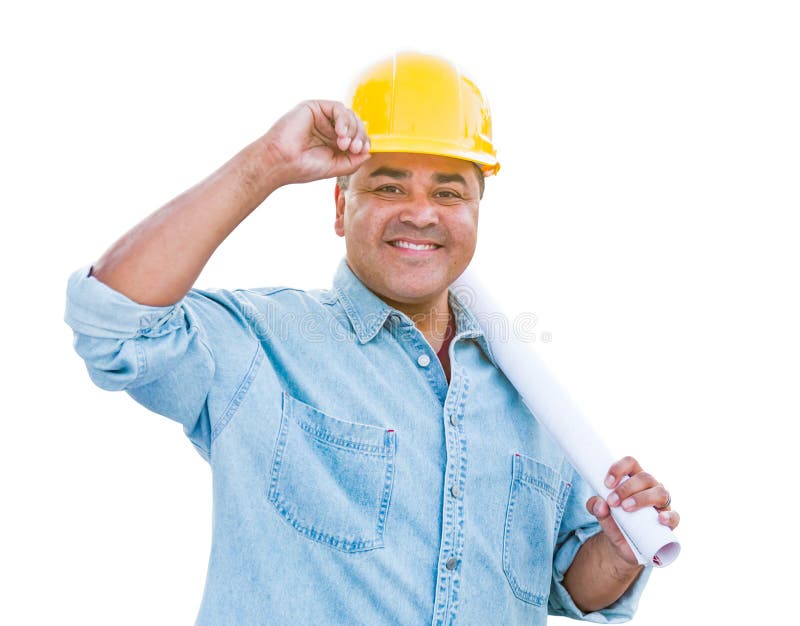 Contratista masculino hispánico en el casco con planes del modelo aislado en un fondo blanco fotografía de archivo