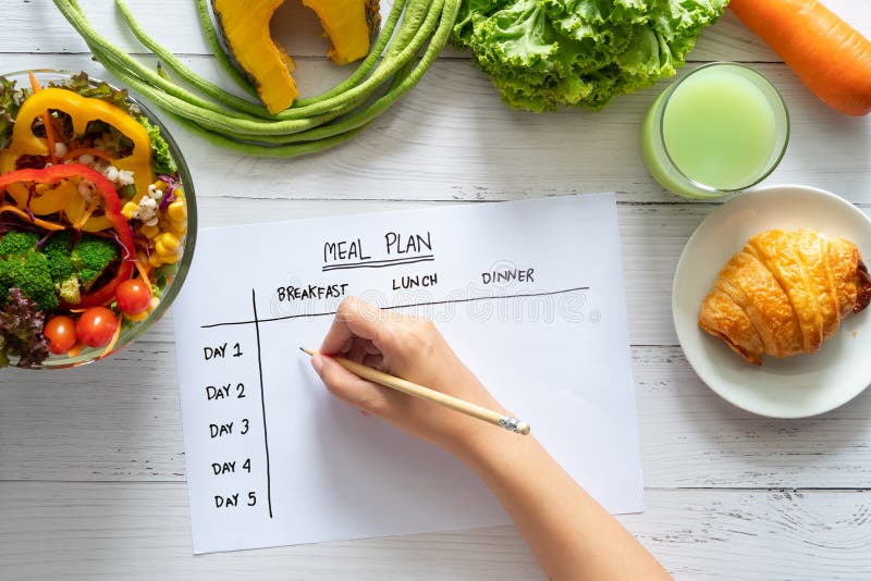 Control de calorías, plan de comidas, dieta y pérdida de peso vista superior del plan de comidas rellenas a mano en una mesa sema