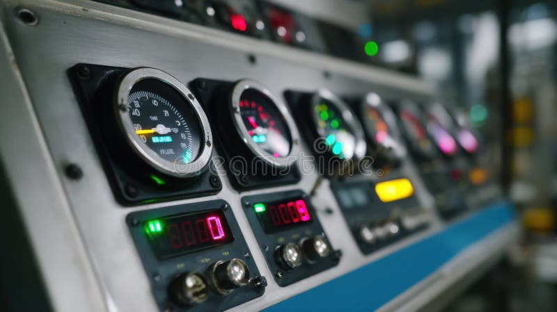 Control panel with dials and gauges monitoring plasma parameters stock image