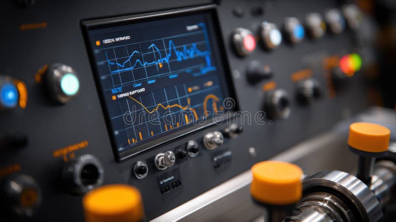 Control panel displaying live data metrics from piezomagnetic robot with graphs tracking tension and stability royalty free stock photo