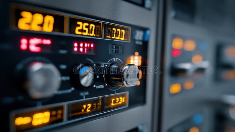 Control panel with illuminated indicators showing temperature and frequency settings royalty free stock photos