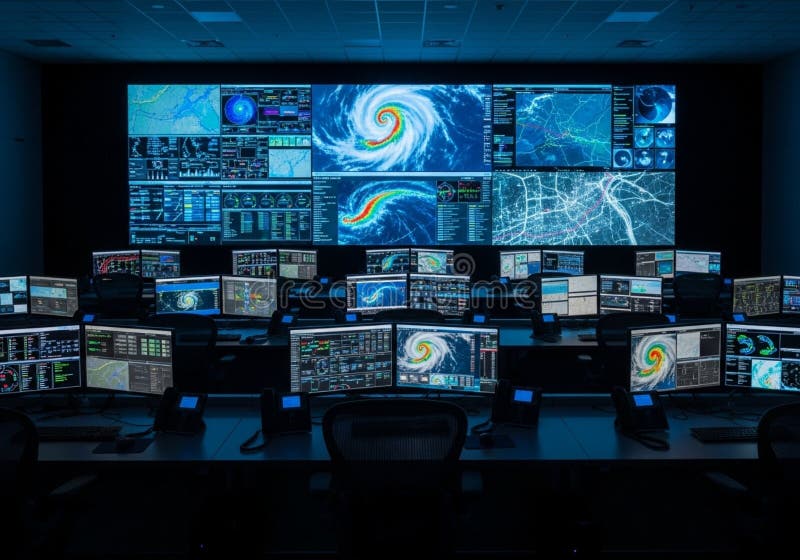 Control room filled with computer monitors royalty free illustration