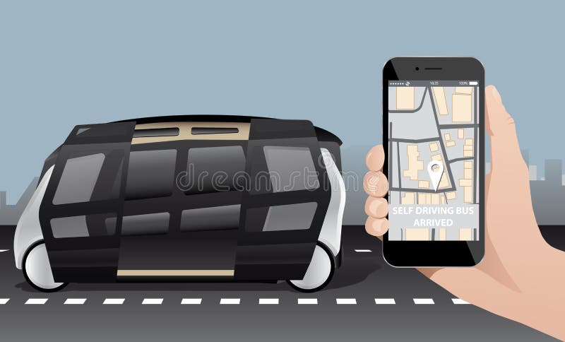 Control of self driving bus by mobile app. royalty free illustration Control of self driving bus by mobile app. royalty free illustration