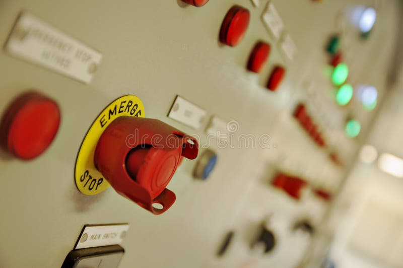 Control Switch Panel of Industrial Equipment with Buttons Aboard Stock