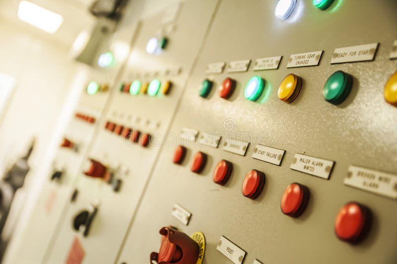 Control Switch Panel of Industrial Equipment with Buttons Aboard Stock
