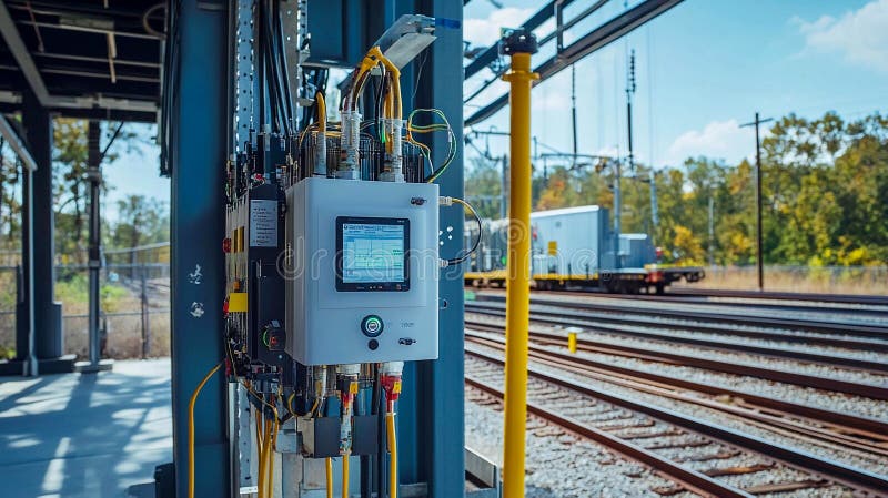Control system monitoring train operations at a railway station in bright daylight royalty free illustration