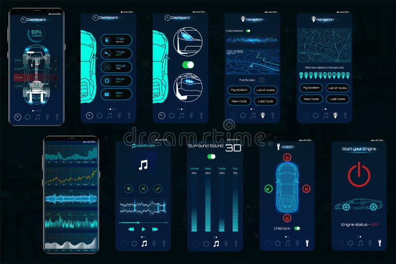 Controle el coche app Pantallas móviles del interfaz para actuar el coche libre illustration Controle el coche app Pantallas móviles del interfaz para actuar el coche libre illustration