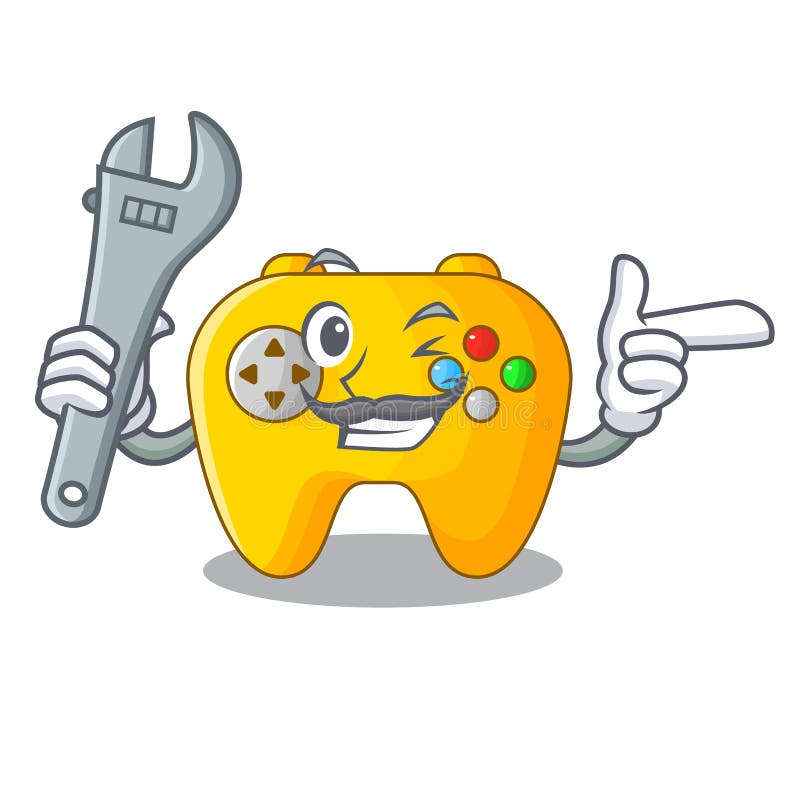 Controle retro do jogo de computador do mecânico na mascote ilustração royalty free Controle retro do jogo de computador do mecânico na mascote ilustração royalty free