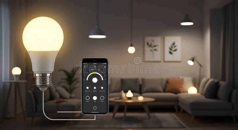 Controlling Smart Bulb with a Mobile Phone App in Living Room vector illustration