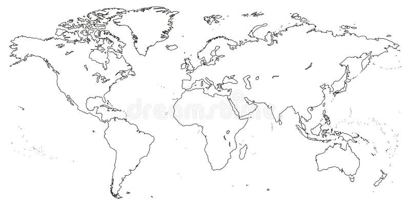 Contur vectorial gol linie liniară conturul negru al conturul lumii similare cu harta albă a fundalului alb izolat. monocrom royalty free illustration