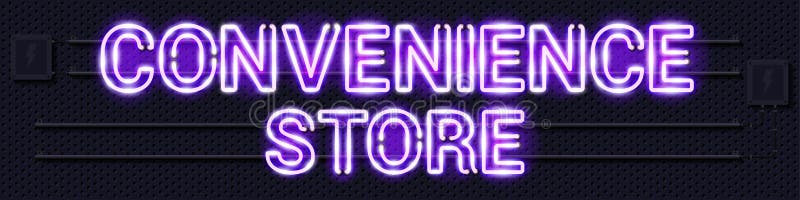 CONVENIENCE STORE glowing purple neon lamp sign on a black electric wall