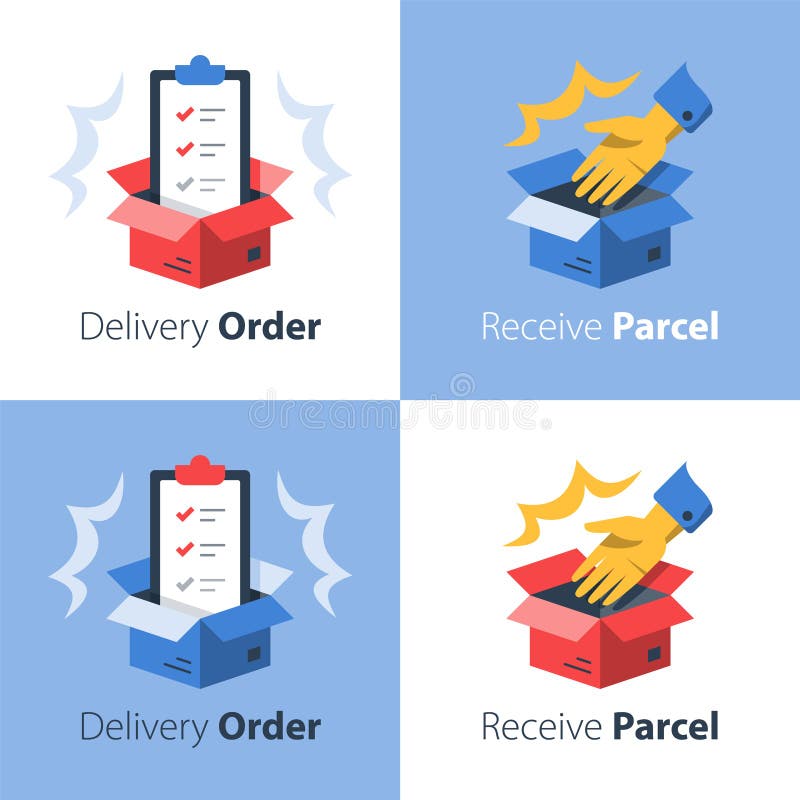 Convenient delivery, open box and hand, shipment check list, collect parcel vector illustration