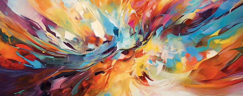Convergence of vibrant brushstrokes and abstract shapes, creating a lively and energetic abstract composition panorama vector illustration