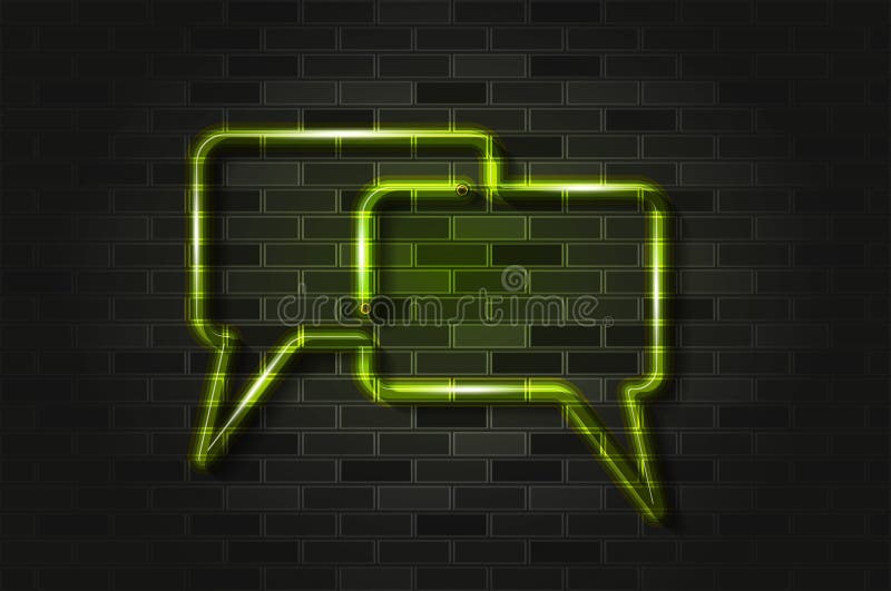 Conversation, chat rectangle bubbles glowing neon sign or glass tube on a black brick wall. Realistic vector art