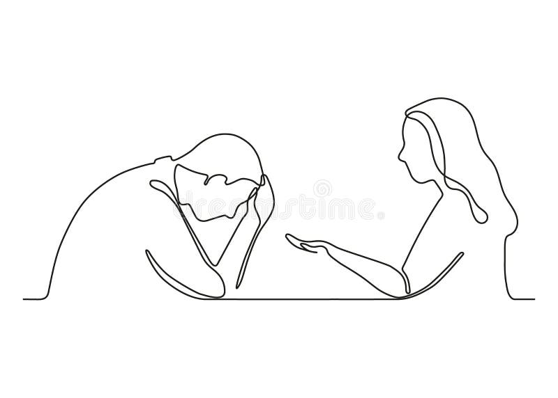 Conversation en crise en relation problème psychologique problème continu un trait dessin. triste homme et illustration stock