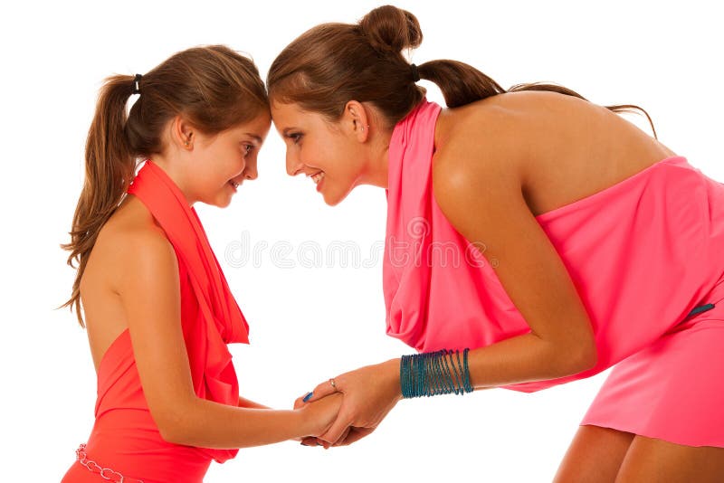 Conversazione della figlia e della madre isolata sopra fondo bianco fotografie stock Conversazione della figlia e della madre isolata sopra fondo bianco fotografie stock
